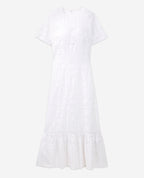 Long White Embroidered Cotton Dress Round Neck - Women