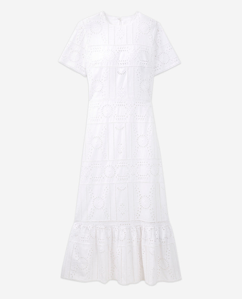 Robe Longue Brodée Coton Blanche Col Rond - Femme