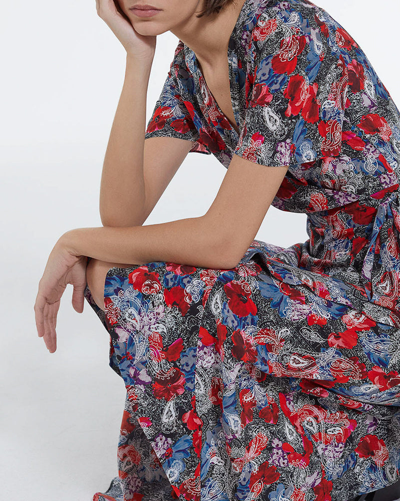 Robe En Soie Rouge À Imprimé Fleuri - Femme