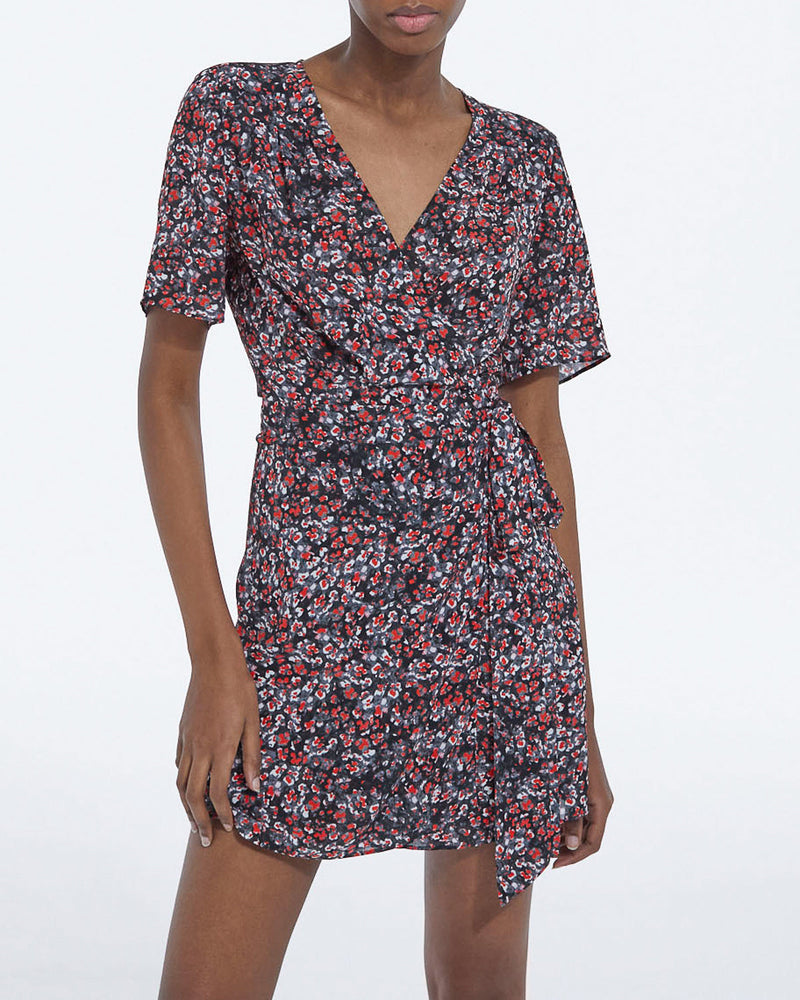 Vestido corto de flores - Negro - Rojo - Mujer