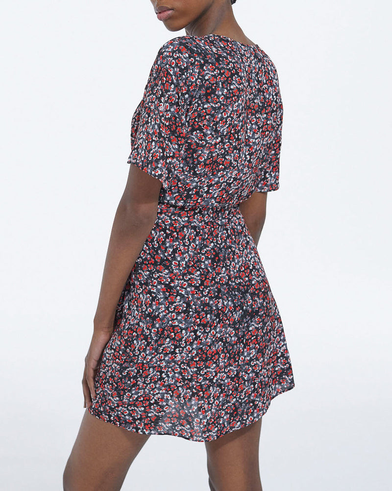 Vestido corto de flores - Negro - Rojo - Mujer