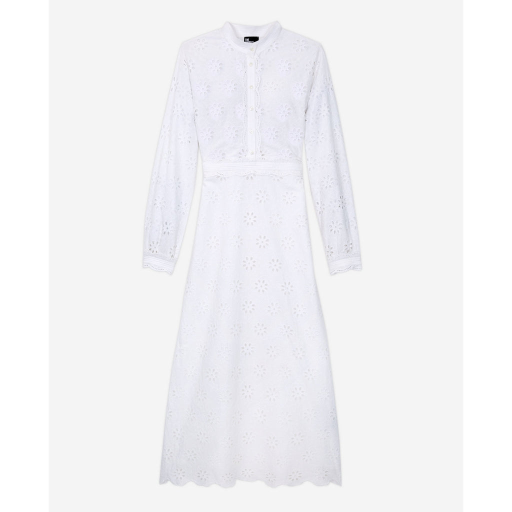 Vestido midi con bordado inglés - Blanco - Mujer