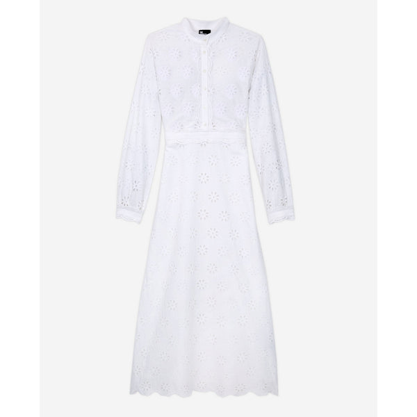 Vestido midi con bordado inglés - Blanco - Mujer