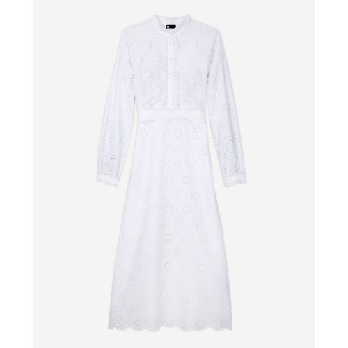 Vestido midi con bordado inglés - Blanco - Mujer