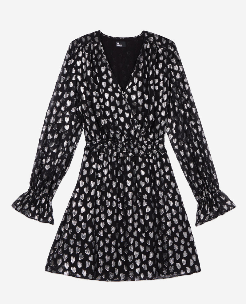 Robe Courte A Petits Coeurs Manches Longues Taille Elastiquee
