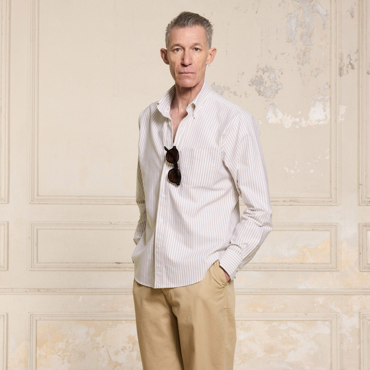 Chemise En Coton Biologique À Rayures Beiges Et Blanches