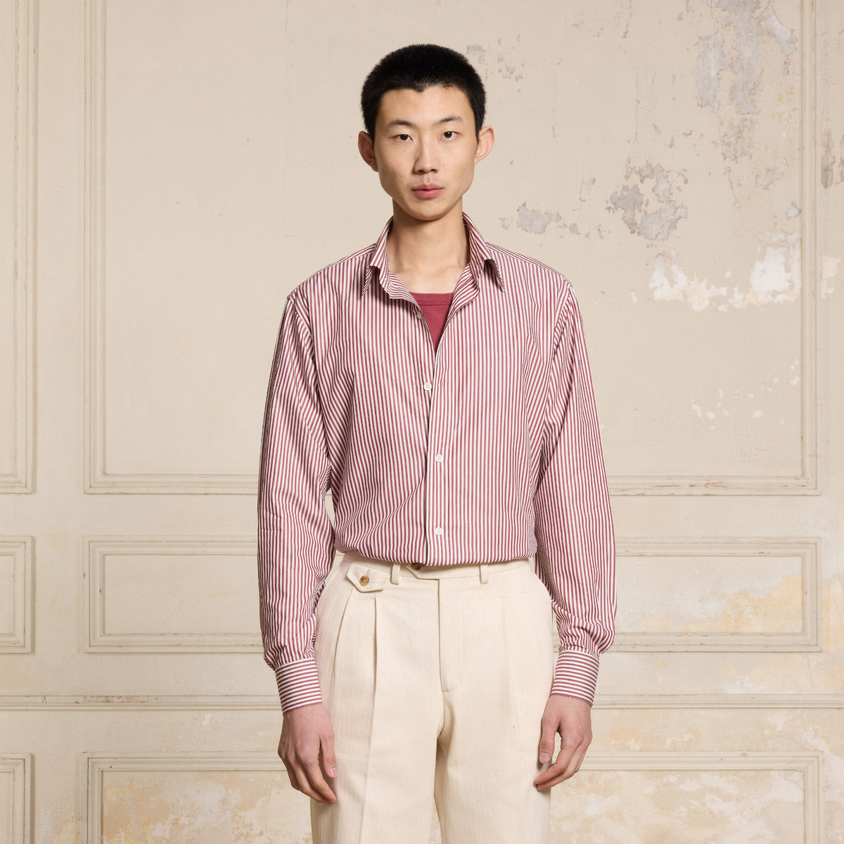 Chemise En Popeline À Rayures Bordeaux Et Blanches