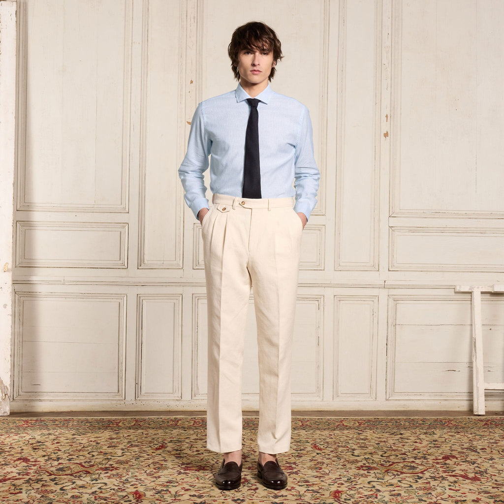 Chemise En Coton Et Lin À Micro-Rayures Bleues