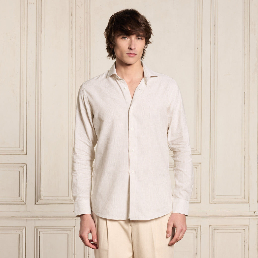 Chemise en coton et lin à rayures beiges