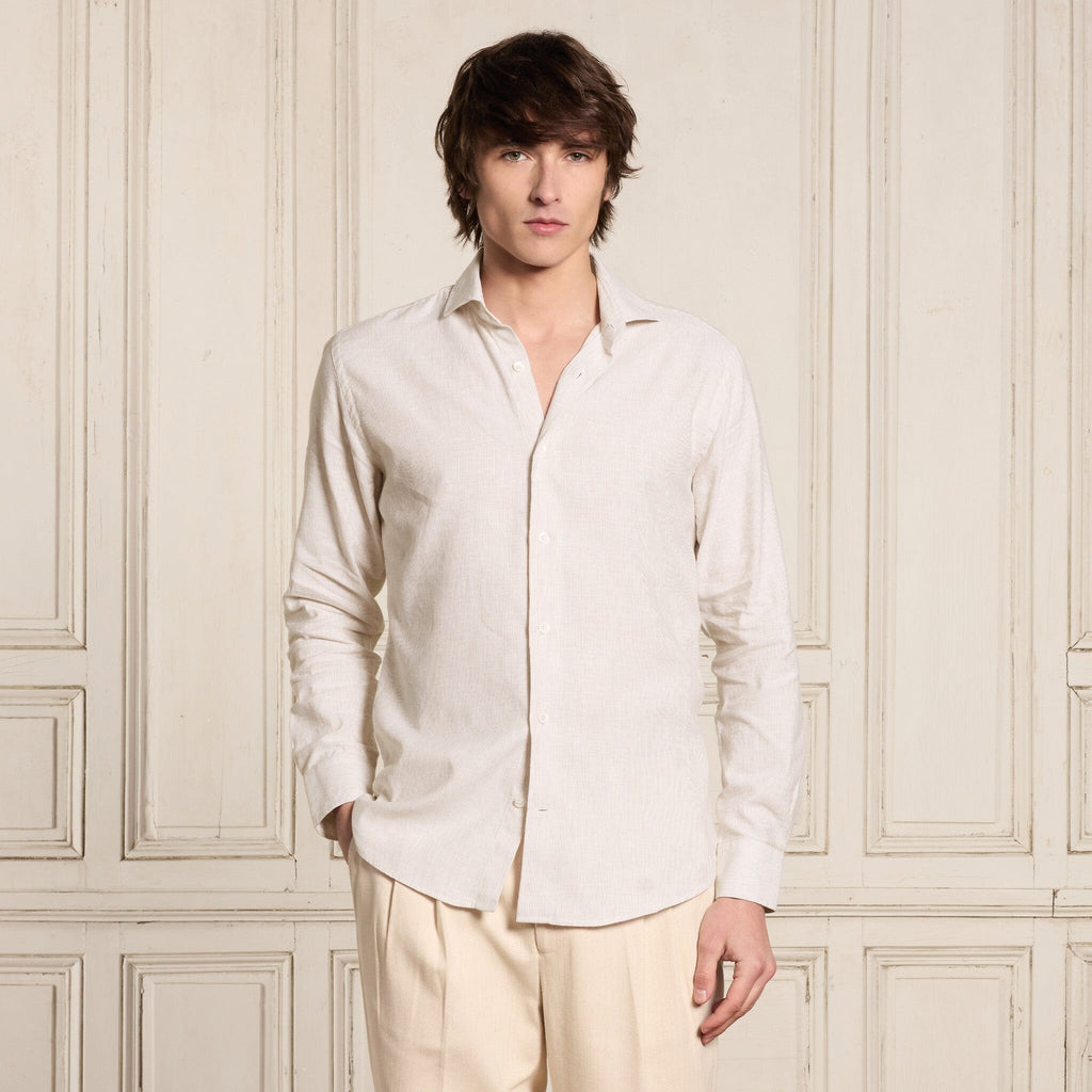 Chemise en coton et lin à rayures beiges