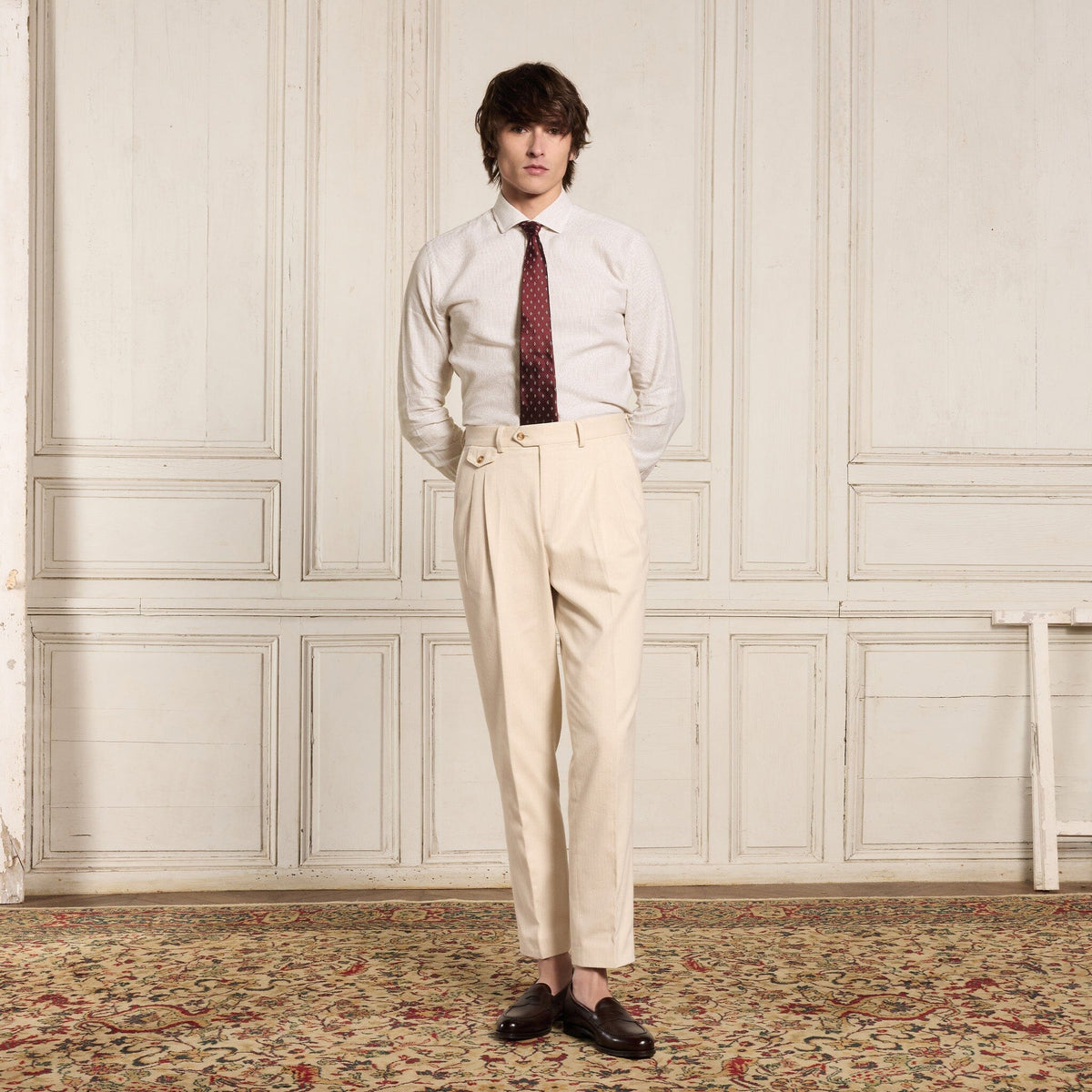 Chemise en coton et lin à rayures beiges