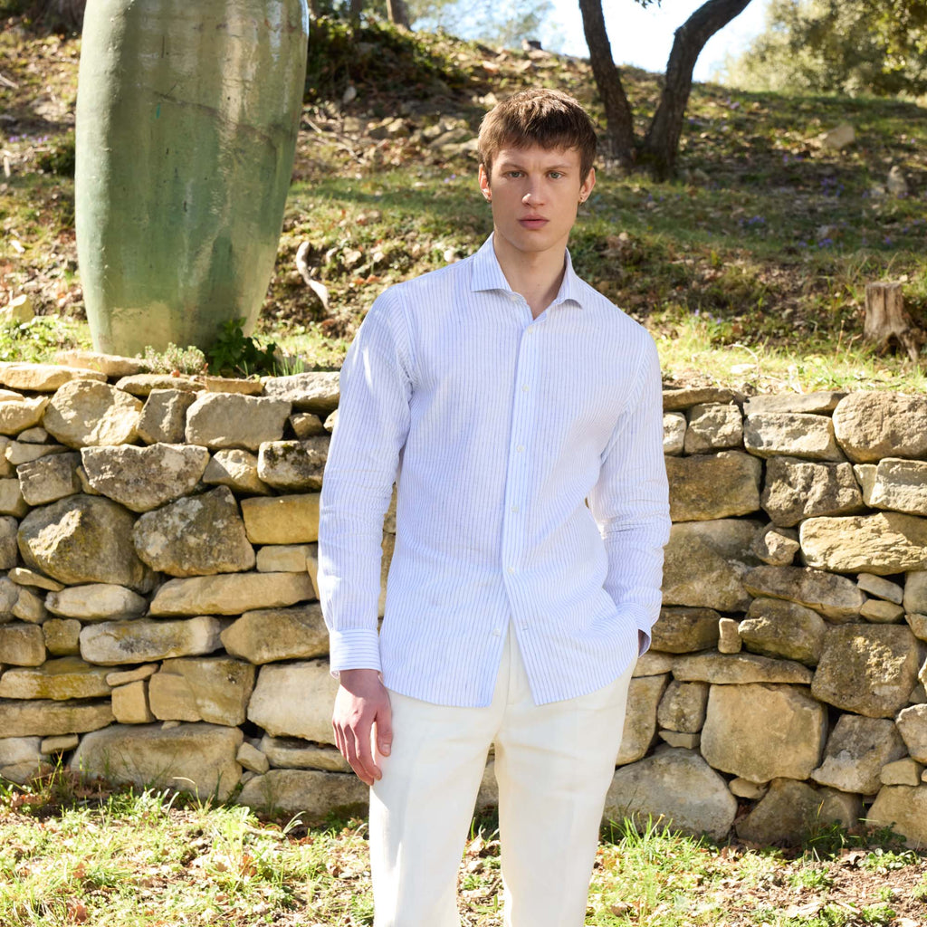 Chemise En Coton Et Lin Blanche À Rayures Bleues