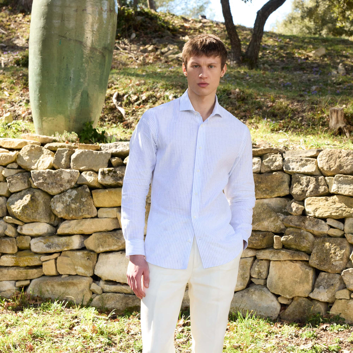 Chemise En Coton Et Lin Blanche À Rayures Bleues