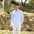 Chemise En Coton Et Lin Blanche À Rayures Bleues