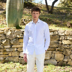 Chemise En Coton Et Lin Blanche À Rayures Bleues