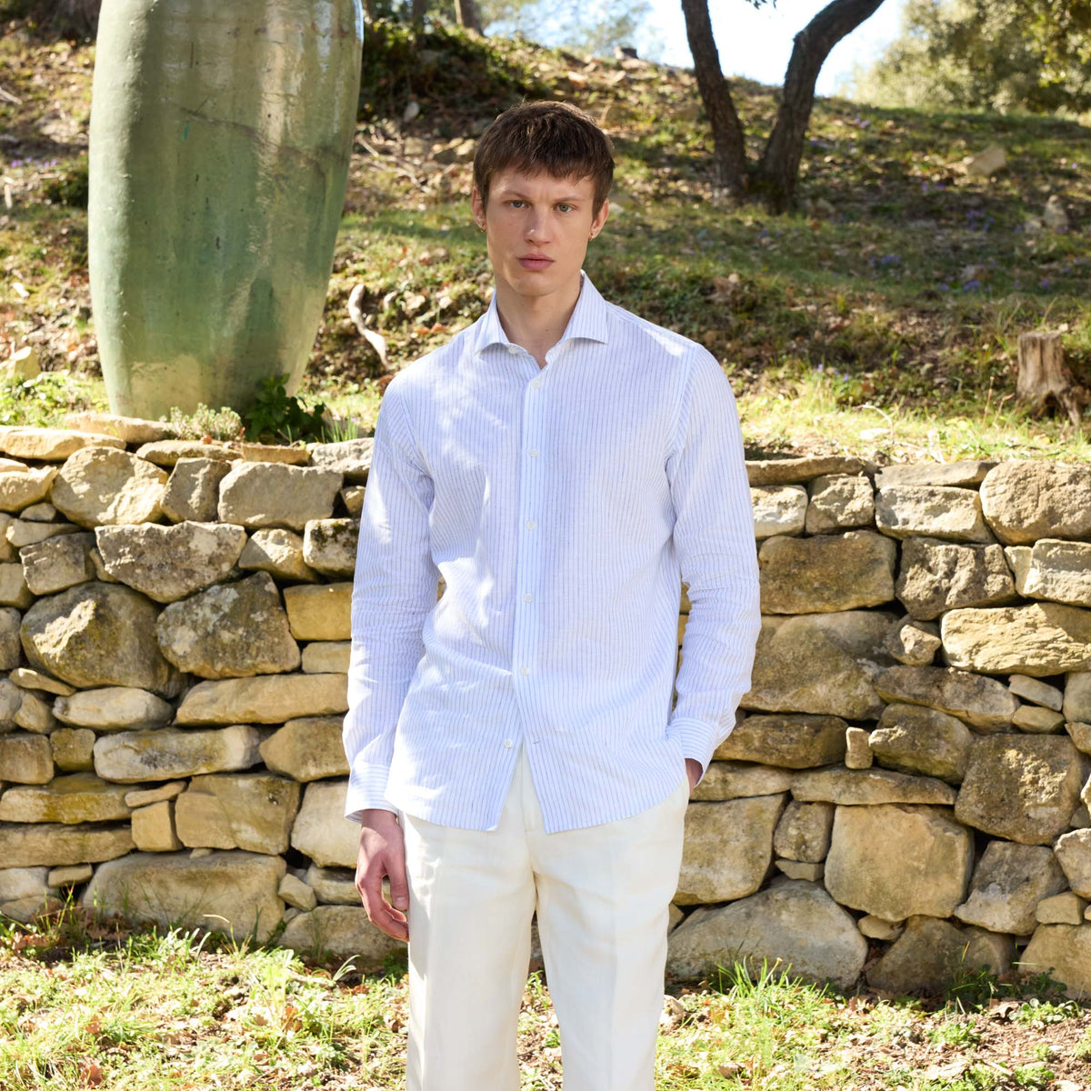 Chemise En Coton Et Lin Blanche À Rayures Bleues