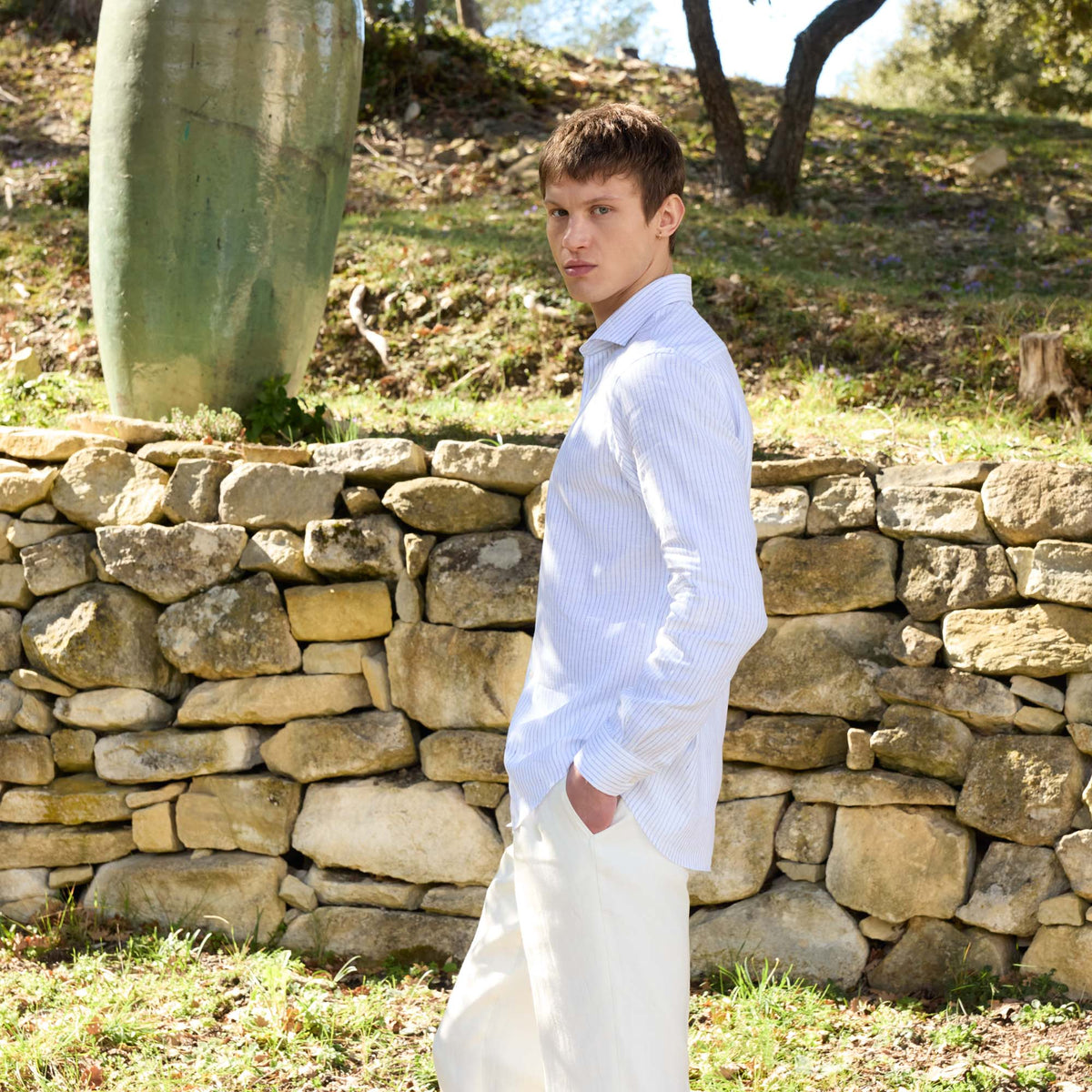 Chemise En Coton Et Lin Blanche À Rayures Bleues