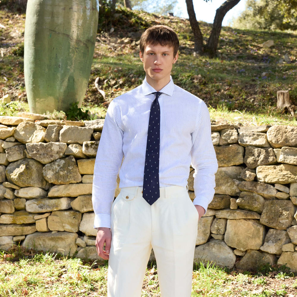 Chemise En Coton Et Lin Blanche À Rayures Bleues