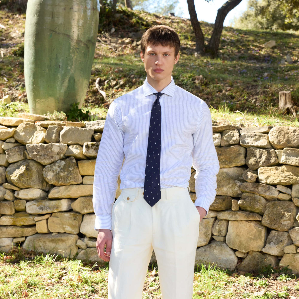Chemise En Coton Et Lin Blanche À Rayures Bleues