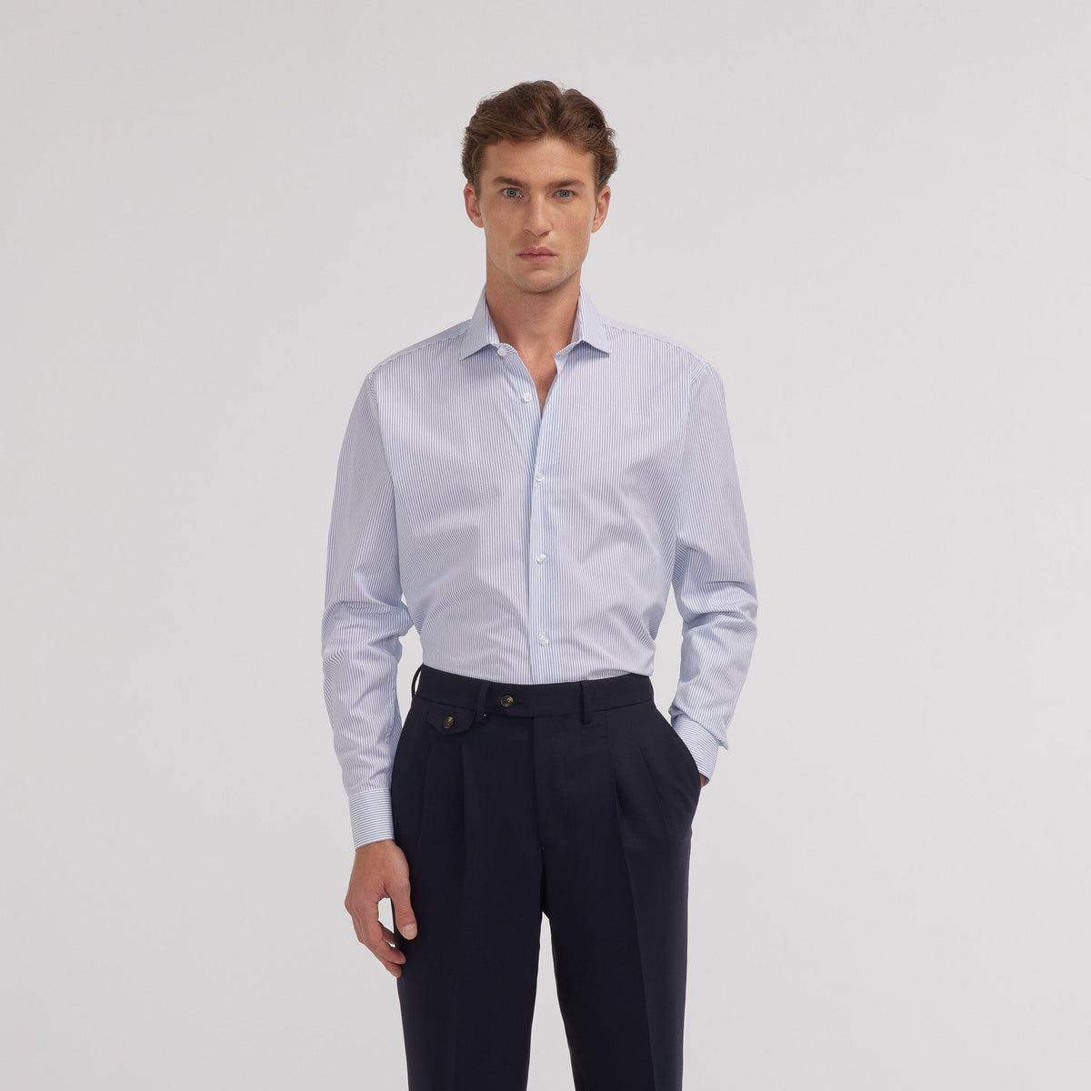 Chemise En Popeline Double Retors À Fines Rayures Bleues