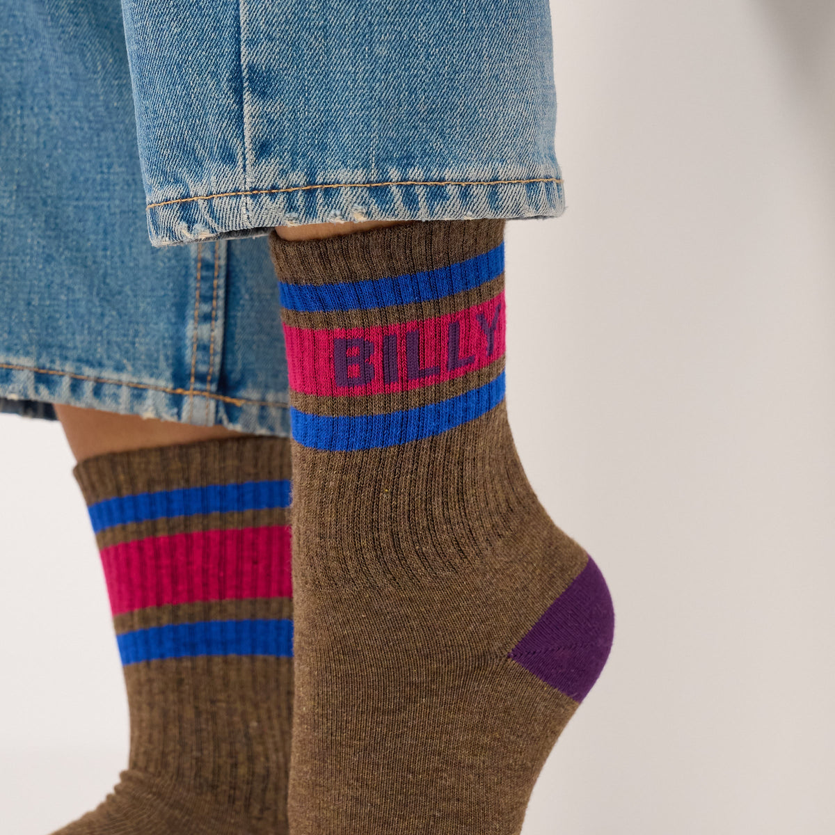 Chaussettes Tennis - Marron, Rayé Rose Et Bleu