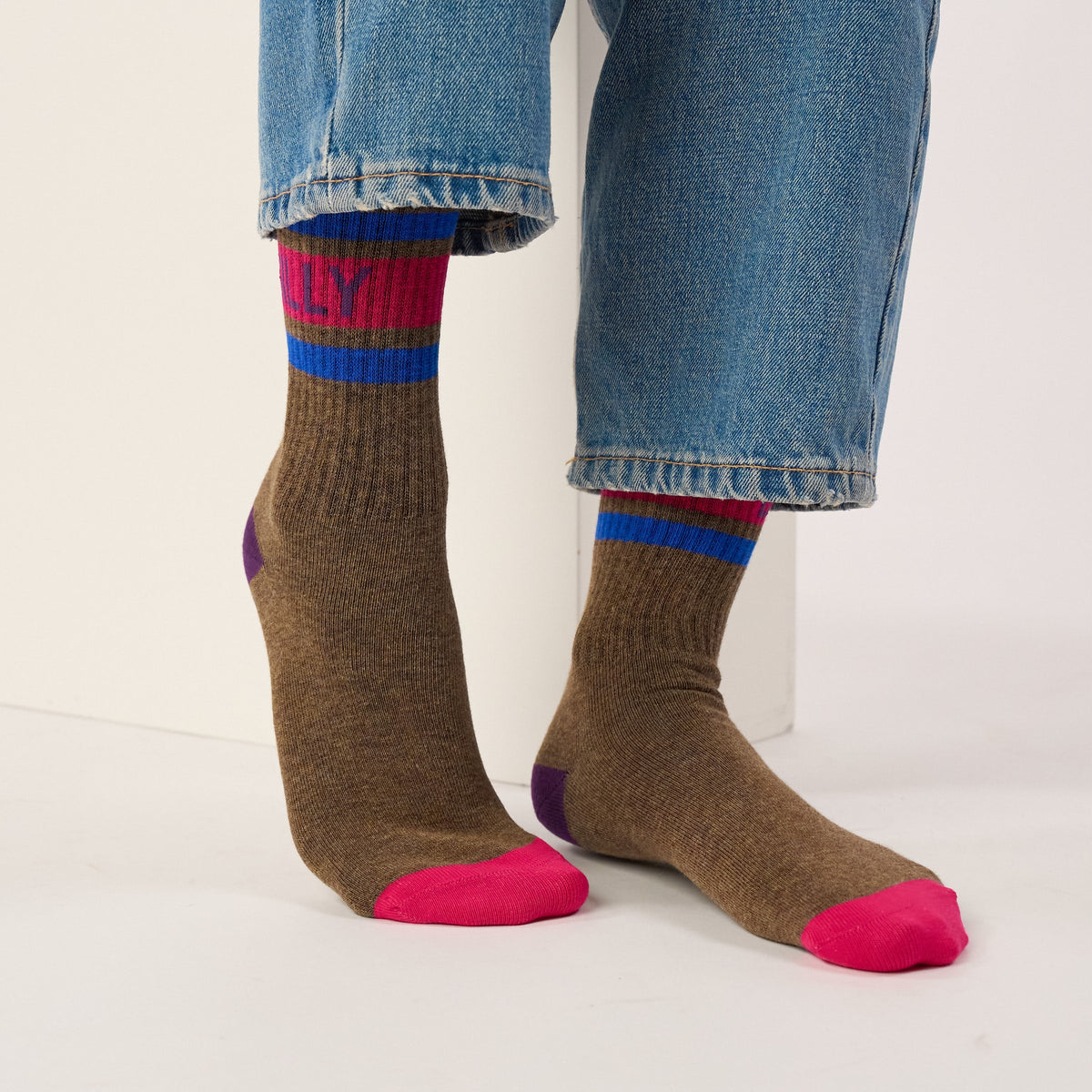 Chaussettes Tennis - Marron, Rayé Rose Et Bleu