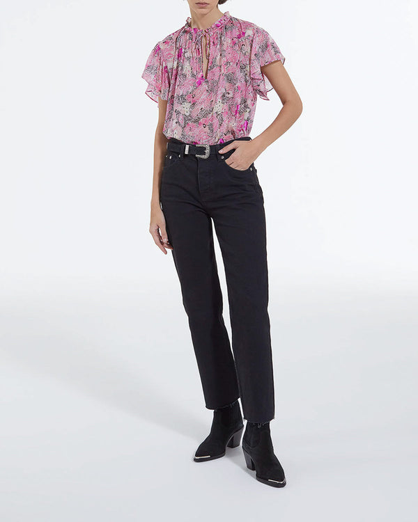 The Kooples - Floral Print Fluid Rose Top with Flounces - Women