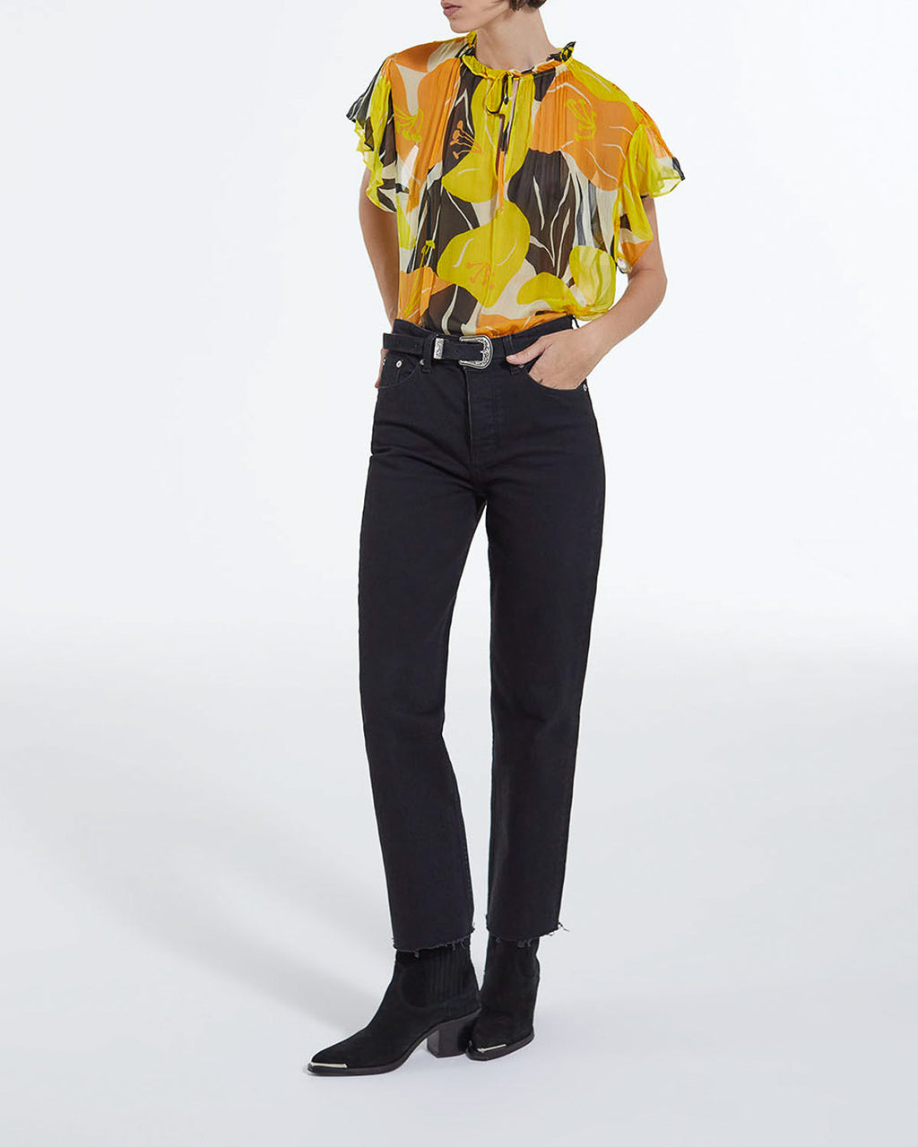 The Kooples - Top Amarillo Estampado Fluido Con Volantes - Mujer