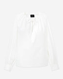 Top de algodón blanco con cuello caído fruncido y lazos - Mujer