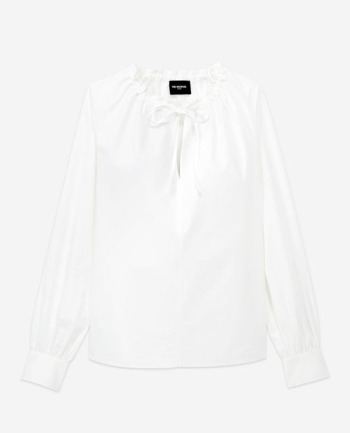 Top Coton Blanc Froncé Col Goutte À Liens - Femme