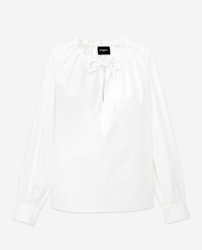Top de algodón blanco con cuello caído fruncido y lazos - Mujer