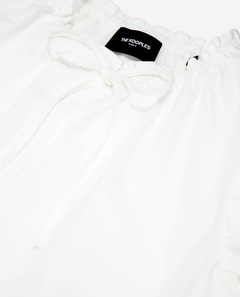 Top de algodón blanco con cuello caído fruncido y lazos - Mujer