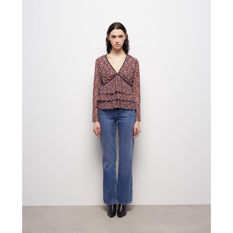 The Kooples - Top A Manches Longues Decollete V Avec Volants Plisses - Femme