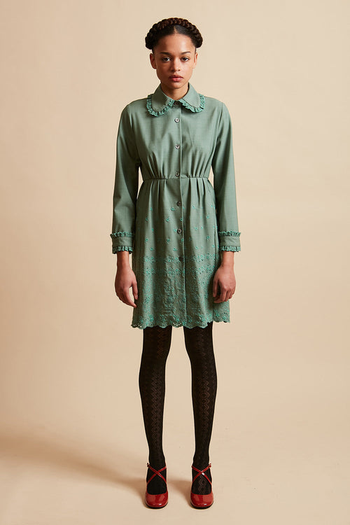 Tropical virgin wool short blouse dress - Green