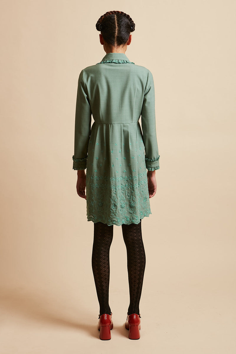 Tropical virgin wool short blouse back dress - Green