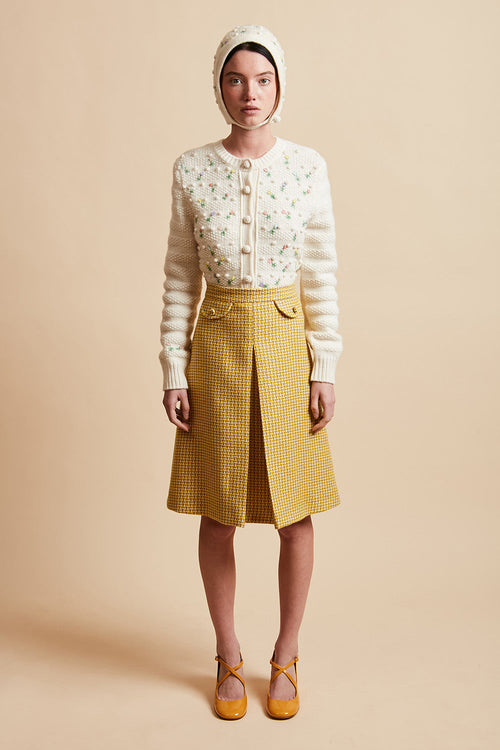 Three-tone mohair and wool tweed skirt woven in France - Yellow