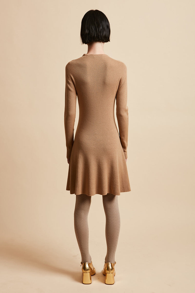 Tight dress in virgin wool knit with ribbed back - Camel