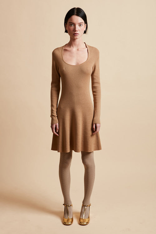 Tight-fitting dress in ribbed virgin wool knit - Camel
