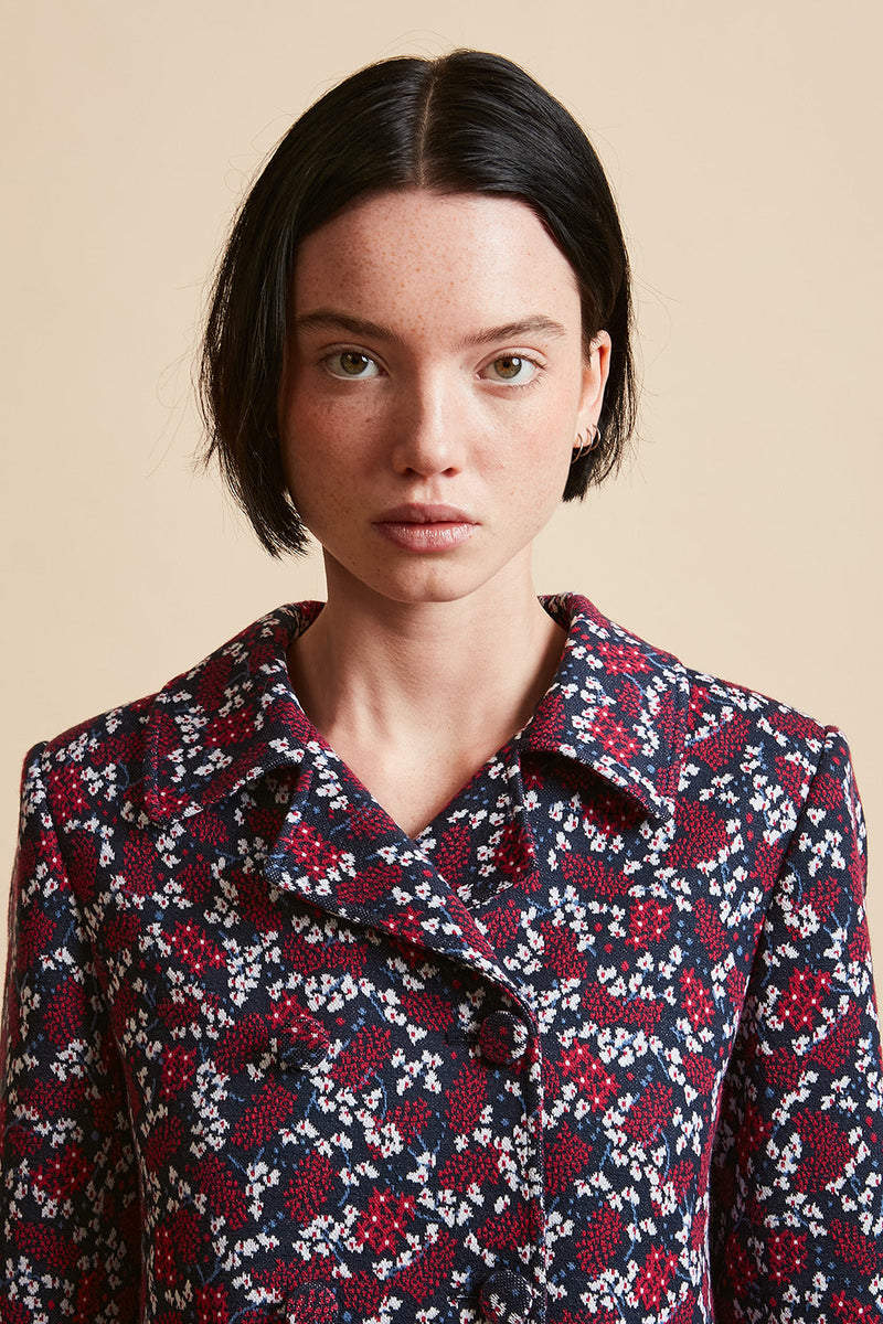 Jacket in interlock jacquard with all-over zoom floral pattern - Navy