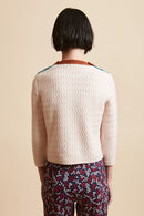 Short sweater in wool knit and cashmere tricolor back - Pale Pink