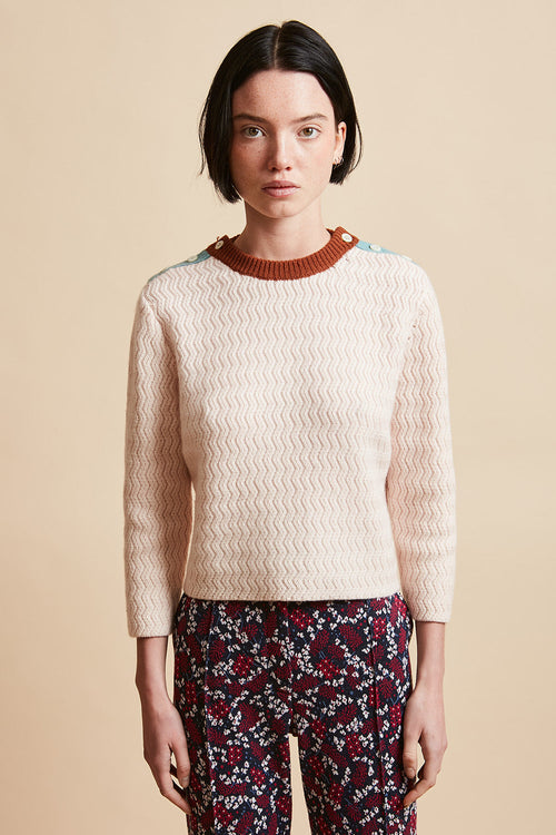 Three-tone wool and cashmere knit short sweater - Pale Pink