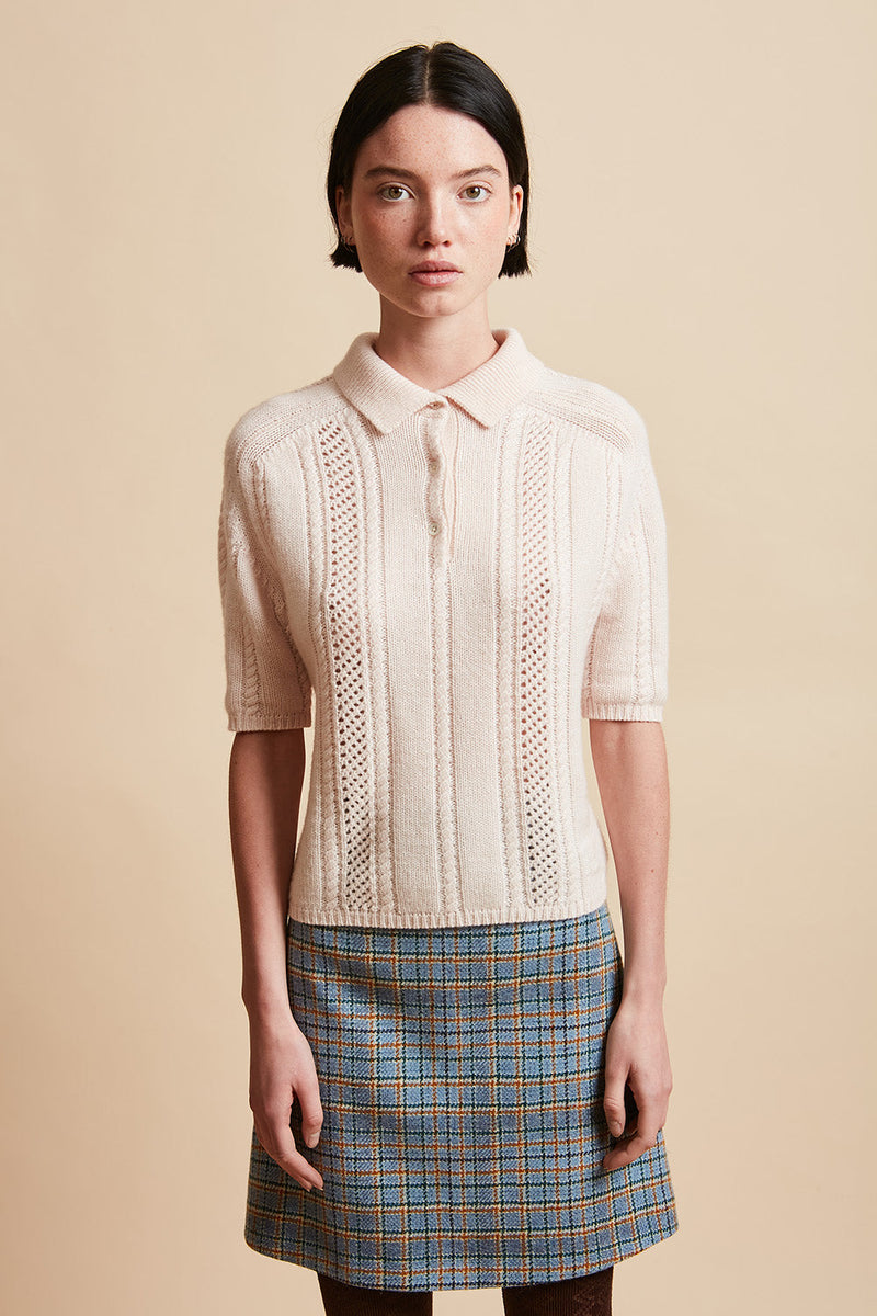 Polo shirt in wool knit and cashmere face - Pale Pink