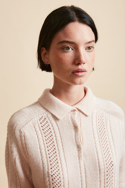 Polo shirt in profiled wool and cashmere knit - Pale Pink