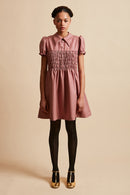 Short smocked dress in full length virgin wool gingham - Pink