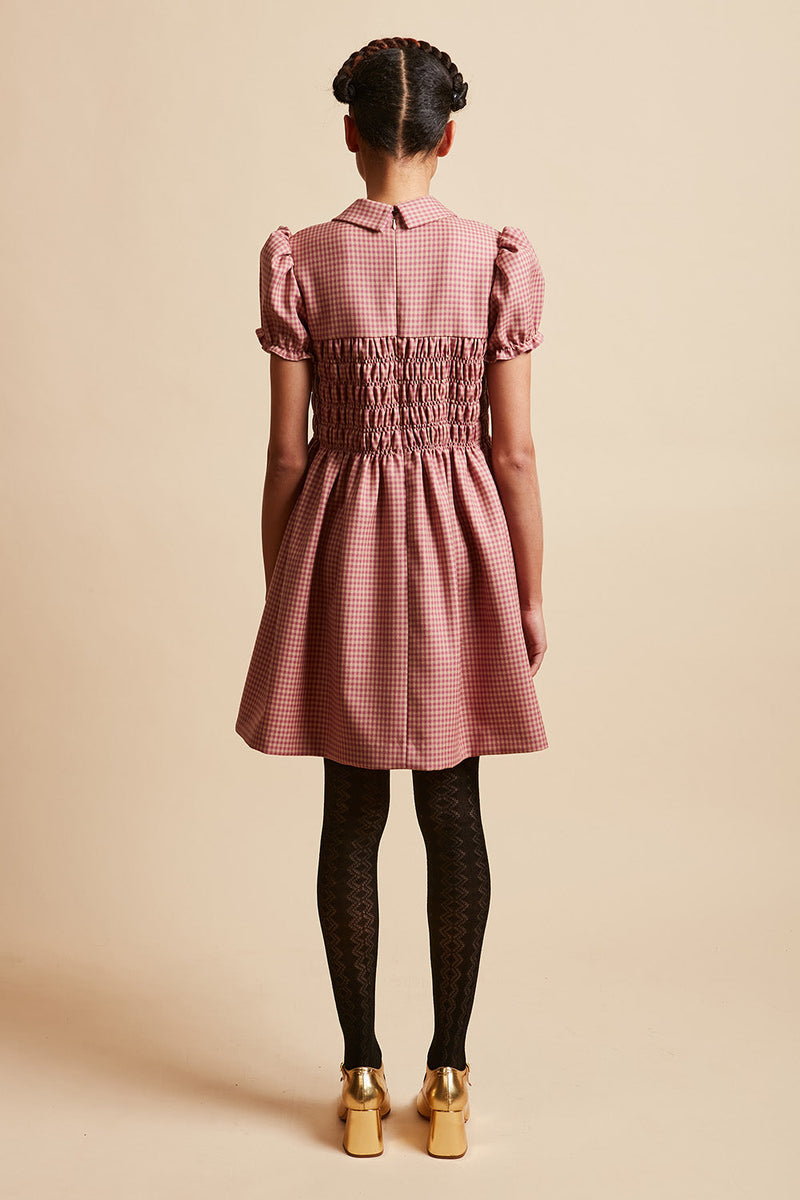 Short smocked dress in virgin wool gingham back - Pink
