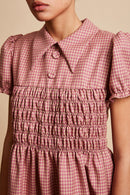 Short smocked dress in virgin wool gingham detail - Pink