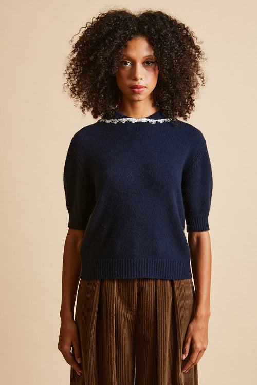 Short-sleeved wool and cashmere knit top - Navy