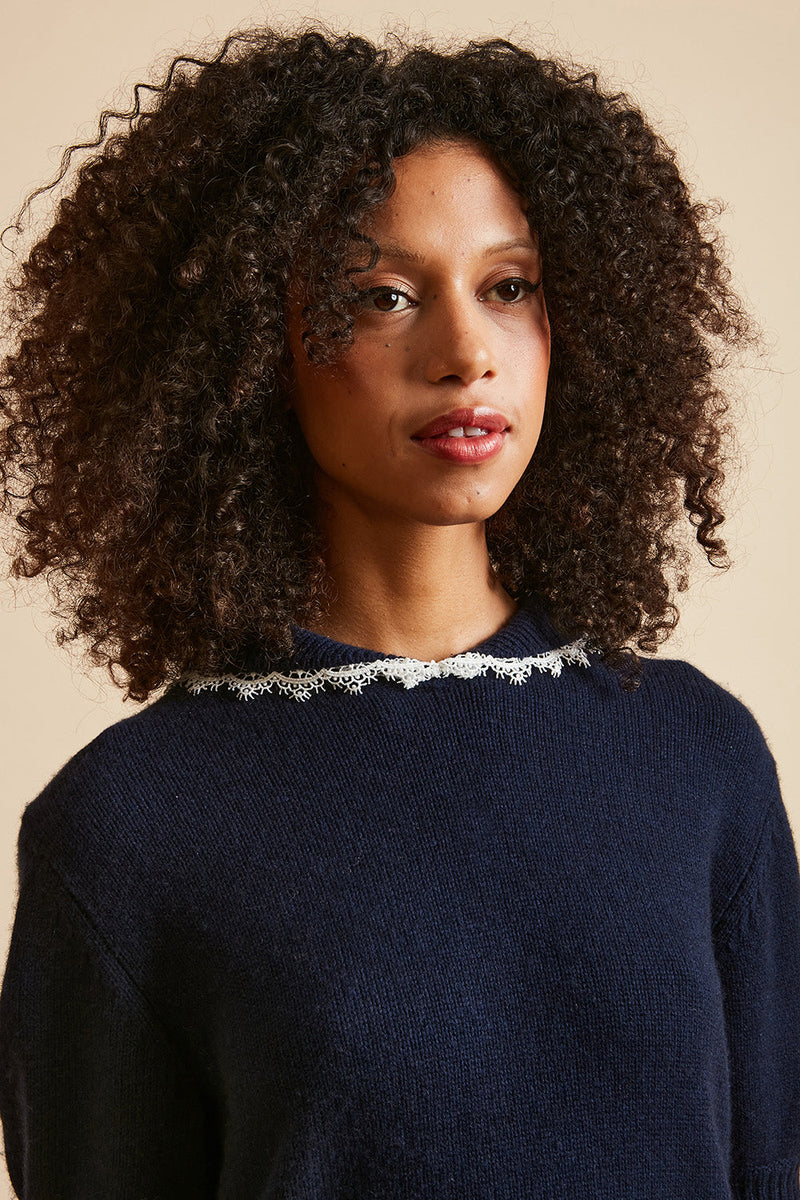 Short-sleeved wool and cashmere profile top - Navy