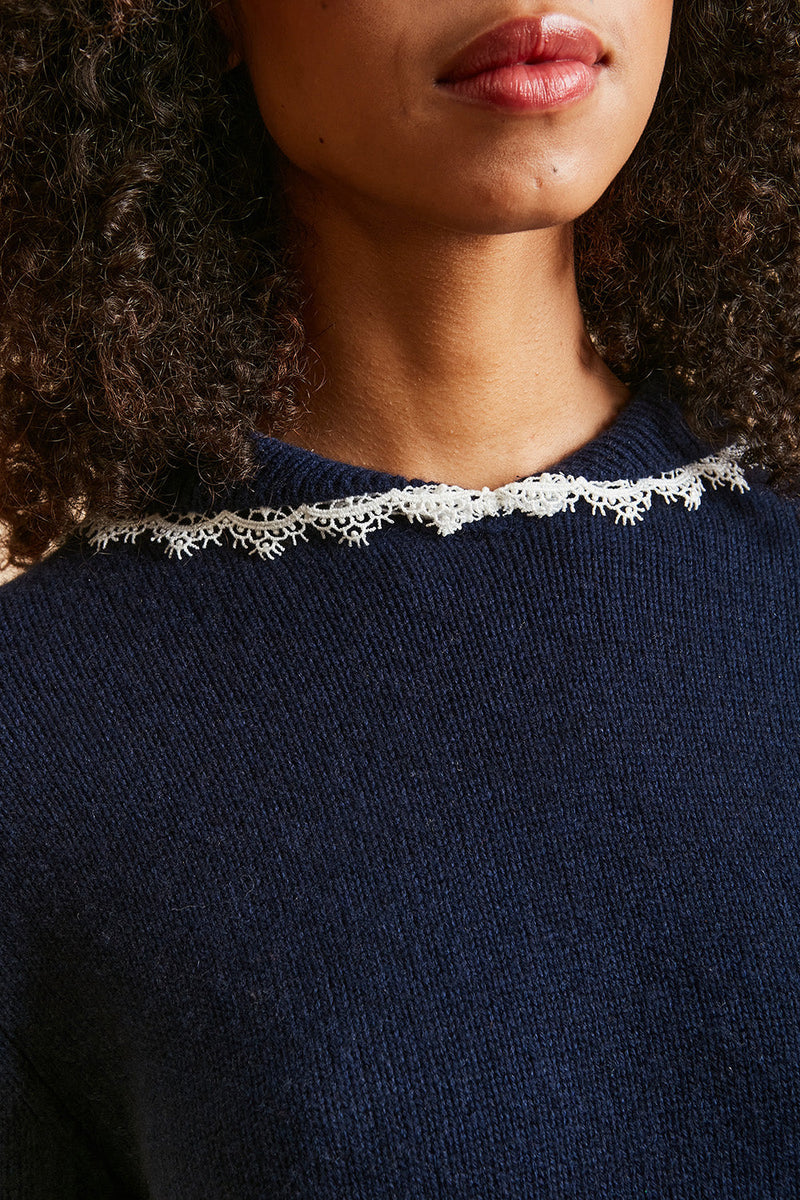 Short-sleeved top in wool and cashmere knit detail - Navy