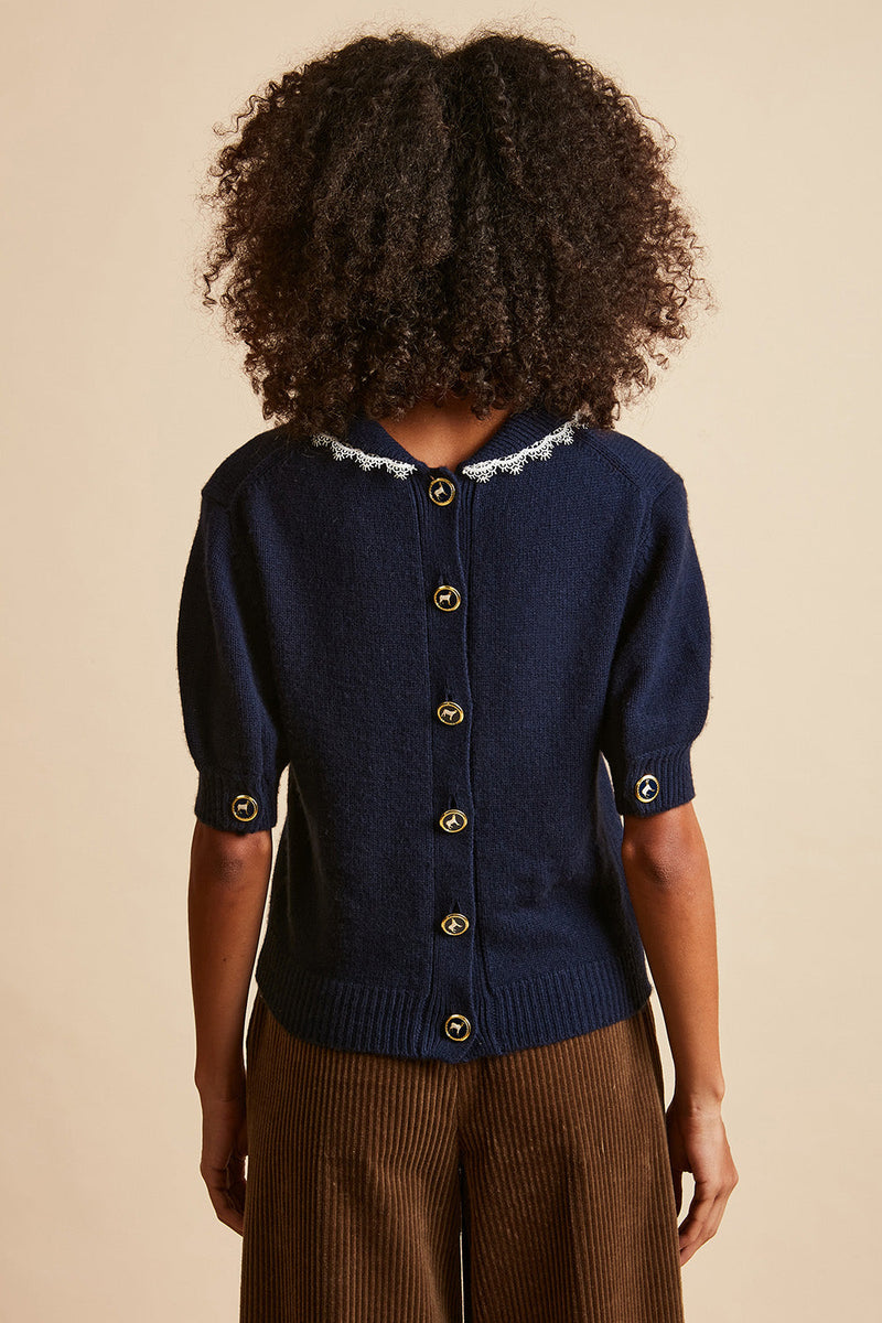 Short-sleeved top in wool knit and cashmere back - Navy